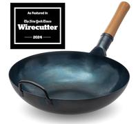 YOSUKATA Flat Bottom Wok Pan - 34 cm Pre-Seasoned Blue Carbon Steel Wok - Traditional Japanese Cookware for Electric Induction Ceramic Gas Cooktops and Open Fire - Stir Fry Pans for Camping BBQ Grill