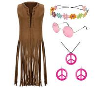 YOSUWOAI 4pcs Hippie Costume Women's Set Cowgirl Costume Hippie Tassel Vest 70s Outfit Cowboy Halloween Theme Party Carnival Fancy Dress Costumes Elegant Long Cardigan Punk Jacket Suit