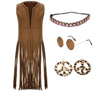 YOSUWOAI 4pcs Hippie Costume Women's Set Cowgirl Costume Hippie Tassel Vest 70s Outfit Cowboy Halloween Theme Party Carnival Fancy Dress Costumes Elegant Long Cardigan Punk Jacket Suit