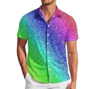 YOSUWOAI Carnival Costume Men's Lapel Sequin Shirt Short Sleeve Disco Shirt 70s 80s Outfit Theme Party Shiny Tops 3D Digital Print Glitter Shirt Night Club Casual Shirts, Z02 Sky Blue, L
