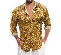 YOSUWOAI Carnival Costume Men's Sequin Shirt Long Sleeve Lapel Collar Casual Shirt Button Down Long Sleeve Shirt Slim Fit Stretch Glitter Shirt Disco Top Carnival Party Fancy Dress Shirt, O Gold., M
