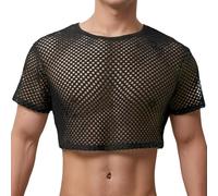 YOSUWOAI Fishnet Crop Top Men's Short Vests Mesh Transparent Crop Half Tank Tops Breathable Muscle Shirt Round Collar Mesh T-Shirts Undershirts 80s Disco Parties Outfit, O Black, XXL
