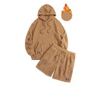 YOSUWOAI Fleece Pyjama Set Men's Fluffy Pyjamas Hoodie Pullover Pyjama Bottoms Lounge Set Winter Sweatshirt Jogging Bottoms Two Piece Pyjama Set Long Sleeve Hoodie and Shorts, O Brown, XXL