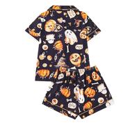 YOSUWOAI Halloween Pyjamas Women's Short Pyjama Set Buttons Shirt and Shorts Two Piece with Skeleton Pumpkin Print Pyjamas Airy Sleepwear Loungewear Festival Carnival Costume, X Navy, M
