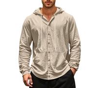 YOSUWOAI Hooded Pullover Men's Summer Long Sleeve Shirt Thin Baseball Sweatshirt Hawaiian Beach Linen Shirt Button Down Casual Shirt Loose Fit Hooded Shirt with Hood Spring Autumn Shirts, O khaki., XL