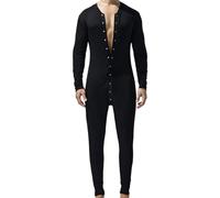 YOSUWOAI Jumpsuit Men's Long Sleeve Undershirt Onesie Thin Plain Sleepsuit One Piece Cuddly Homewear Long Body Bodysuit Pyjamas with Button Down Men Lightweight Soft Stretch Sleepwear, O Black, L