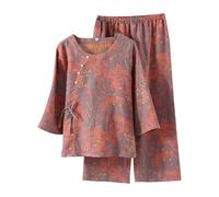 YOSUWOAI Kimono Women's Muslin Pyjama Set with Floral Pattern, Traditional Cotton Loungewear, Long Sleeve Blouse with Button Placket and Loose Japanese Trousers, Long Two-Piece Pyjamas, O purple, M