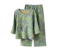 YOSUWOAI Kimono Women's Muslin Pyjama Set with Floral Pattern, Traditional Cotton Loungewear, Long Sleeve Blouse with Button Placket and Loose Japanese Trousers, Long Two-Piece Pyjamas, O Green, M