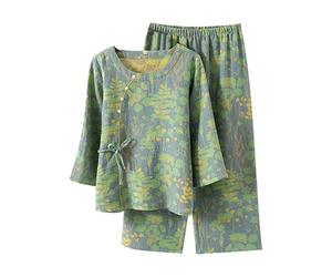 YOSUWOAI Kimono Women's Muslin Pyjama Set with Floral Pattern, Traditional Cotton Loungewear, Long Sleeve Blouse with Button Placket and Loose Japanese Trousers, Long Two-Piece Pyjamas, O Green, L