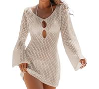 YOSUWOAI Knitted Bikini Cover Up Beach Poncho Beach Dress for Women Summer Pareos Sun Protection Long Sleeve Shirt V Neck Mesh Summer Dress Beachwear Holiday Plain Shirt Dress, O Beige, M