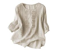 YOSUWOAI Linen Blouse Women's Summer Muslin T-Shirt Retro 3/4 Sleeve Tops with Embroidery Plus Size Linen Shirt Linen Casual Shirt Baggy Blouses Boho Blouse Shirt Thin Shirt Blouse, O Beige, 3XL
