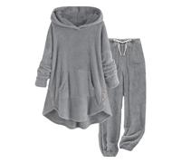 YOSUWOAI Loungewear Set for Women Fleece Pyjama Set with Hood Winter Thermal Suit Teddy Fleece 2-Piece Outfit Plush Thick Pyjamas Soft Comfortable Leisure Suits Loungewear, O Grey, XL