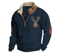 YOSUWOAI Men's Hunting Deer Printed Sweatshirt with 1/4 Button Placket, Long Sleeve Pullover, Vintage Winter Tops with Stand-Up Collar, Loose Fit, Winter Jumper, Oversized Work Jumper, O Navy, L