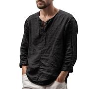 YOSUWOAI Men's Medieval Collarless with Lacing Casual Retro Lace-up Shirt Ethnic Style Drawstring Long Sleeve Shirts Fashion Loose Shirt Lightweight Plain Yoga T-Shirts, O Black, XL