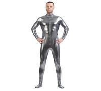 YOSUWOAI Men's Metallic Bodysuit Jumpsuit Stretch Tight Jumpsuit Men's Full Suit Glitter 70s 80s Disco Carnival Costume Party Clubwear Shiny Plain One Piece Onesie, Q Grey, XL