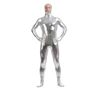 YOSUWOAI Men's Metallic Bodysuit Jumpsuit Stretch Tight Jumpsuit Men's Full Suit Glitter 70s 80s Disco Carnival Costume Party Clubwear Shiny Plain One Piece Onesie, O silver., 3XL