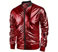 YOSUWOAI Men's Metallic Jacket 70s Disco Carnival Party Nightclub Jacket Zip-Up Baseball Jacket Shiny Sequin Jacket Stand-Up Collar Bomber Jacket with Zip, O Red, L