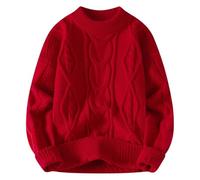 YOSUWOAI Men's Oversize Crew Neck Knitted Jumper Long Sleeve Cable Knit Sweater Plain Warm Winter Jumper Loose Fit Sweatshirt Vintage Chunky Knit Thickened Winter Jumper, O Red, L