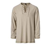 YOSUWOAI Men's Shirt with Open Neck and Drawstring Summer Beach Shirt Retro Lace-Up Punk Renaissance Medieval Tops Linen Casual Shirt Hip Hop Medieval Shirts, O Beige, L