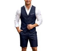 YOSUWOAI Men's Suit 2-Piece Vest and Shorts Suits Summer Beach Beach Wedding Set Leisure Party Tuxedo Outfit Plain Business Suit Elegant Suit Vest and Short Suit Trousers, O Navy, XL