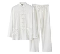YOSUWOAI Men's Suit Chinese Style Traditional Martial Arts Kung Fu Tai Chi Tang Set 2-Piece Long Sleeve Cotton Linen Shirt and Trousers Comfortable Leisure Suit Outdoor Jogging Suit, O White, XXL