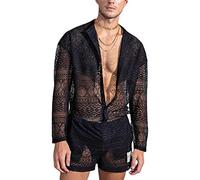 YOSUWOAI Men's Transparent Mesh Shirt Sexy Lace Casual Shirt Thin Comfortable Long Sleeve Shirt Tops and Breathable Shorts Erotic Tracksuit Men Fashion Wetlook Suit, O Black, XXL