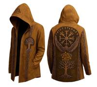 YOSUWOAI Nordic Myth for Men Medium Length Cardigan with Hood 3D Printed Cool Coat Biker Jacket Spring Sweatshirt Medieval Men's Jacket Viking Hooded Jacket, O Brown, XXL
