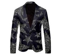 YOSUWOAI Sequin Jacket Men's Glitter Suit Slim Fit Carnival Costume One Button Tuxedo Suits Turn-Down Collar Sequin Suits 70s 80s Disco Outfit Theme Party Show Dresses Blazer, O Navy, L