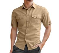YOSUWOAI Short Sleeve Shirts for Men Breathable Comfortable Work Shirt Cargo Western Shirt Button Down Combat Shirt Summer Short Sleeve Shirt Slim Fit Casual Shirts Vintage Summer Shirt, O khaki., 3XL