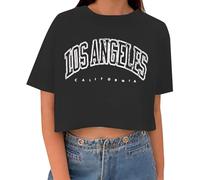 YOSUWOAI T-Shirt Women's Crop Top Short Sleeve Sports Shirt Sexy Top Crop Summer Vintage Crop T-Shirt with Los Angeles Letter Loose Crew Neck Teenager Girls Blouse Gothic T-Shirts, O Black, M