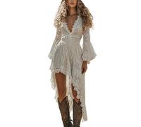 YOSUWOAI Women's Boho Dress with Floral Lace V-Neck Long Sleeves Party Dress for Music Festivals Everyday Western Cowgirl Dresses Hip Hop Summer Dress Vintage Casual Dresses, O White, S