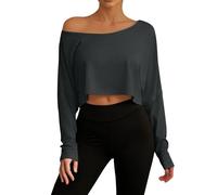 YOSUWOAI Women's Off Shoulder Top Cropped Sweatshirt Long Sleeve Asymmetrical Neck Crop Top Elegant Long Sleeve One Shoulder Short Top Soft Leitch Plain Off Shoulder Top, O Grey, L