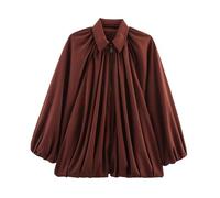 YOSUWOAI Women's Puffed Bomber Jacket Oversized Streetwear Casual Batwing Sleeves Lapel Collar Zip Front Pleated Shirts Elegant Blouse with Balloon Hem Long Sleeve Coat with Puff Sleeves, O wine, M