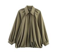 YOSUWOAI Women's Puffed Bomber Jacket Oversized Streetwear Casual Batwing Sleeves Lapel Collar Zip Front Pleated Shirts Elegant Blouse with Balloon Hem Long Sleeve Coat with Puff Sleeves, O Army Green