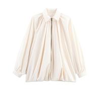 YOSUWOAI Women's Puffed Bomber Jacket Oversized Streetwear Casual Batwing Sleeves Lapel Collar Zip Front Pleated Shirts Elegant Blouse with Balloon Hem Long Sleeve Coat with Puff Sleeves, O Beige, M