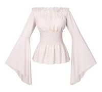 YOSUWOAI Women's Renaissance Victorian Blouse Boho Pirate Shirt Medieval Clothing Gothic Steampunk Long Sleeve Off Shoulder Corset Top Vintage Victorian Viking Shirt, O Beige, L
