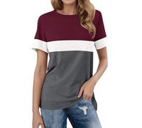 YOSUWOAI Women's T-Shirt Summer Round Collar Blouse Tops Festive Outfit Short Sleeve Muscle Shirt Casual Long Shirt Striped Colour Block Tops Cotton T-Shirts Loose Sports Shirt, O wine, 3XL