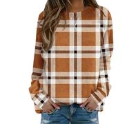 YOSUWOAI Women's Top Long Sleeve Checked Pattern Design Crew Neck Slip-On Shirt Casual Sweatshirt Soft Comfortable Long Sleeve Shirt Spring Autumn Checked Pullover Loose Blouse, Q yellow., L