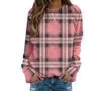 YOSUWOAI Women's Top Long Sleeve Checked Pattern Design Crew Neck Slip-On Shirt Casual Sweatshirt Soft Comfortable Long Sleeve Shirt Spring Autumn Checked Pullover Loose Blouse, P Pink, S