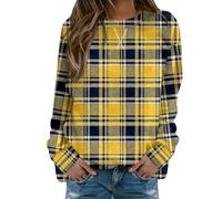 YOSUWOAI Women's Top Long Sleeve Checked Pattern Design Crew Neck Slip-On Shirt Casual Sweatshirt Soft Comfortable Long Sleeve Shirt Spring Autumn Checked Pullover Loose Blouse, R Yellow, 4XL