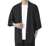 YOSUWOAI Yukata Men's Japanese Kimono Samurai Costume Open Front 3/4 Sleeve Bathrobe Coats Plain Japan Happi Kimono Shirts Loose Casual Summer Clothing Chinese Style Clothing, O Black, XXL