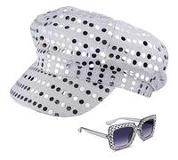 Yotako 2Pcs 70s Disco Hat Sequin Silver Hat for Abba Accessories Women with Sequins Hat Sunglasses, Glitter Disco Costume Accessories Kit for Adult Women Girls Retro Theme Party Birthday Dance