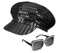 Yotako 2Pcs Glitter Hat Black Hat for Abba Accessories Women with Sequins Hat Bling Sunglasses Disco Costume Set for Abba Fancy Dress Costume Accessories Women Theme Party Birthday Dance