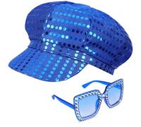 Yotako 2Pcs Glitter Hat Blue Hat for Abba Accessories Women with Sequins Hat Bling Sunglasses Disco Costume Set for Abba Fancy Dress Costume Accessories Women Theme Party Birthday Dance