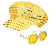 Yotako 2Pcs Glitter Hat Gold Hat for Abba Accessories Women with Sequins Hat Bling Sunglasses Disco Costume Set for Abba Fancy Dress Costume Accessories Women Theme Party Birthday Dance