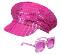 Yotako 2Pcs Pink Glitter Hat for Abba Accessories Women with Sequins Hat Bling Sunglasses Disco Costume Set for Abba Fancy Dress Costume Theme Party Birthday Dance