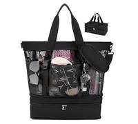 Yotako Beach Bag with Cooler, 10 Pockets Summer Large Mesh Zipped Beach Tote Bags for Women Men, Essentials Family Waterproof Foldable Travel Bag for Pool Gym Camping, Black