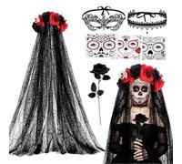 Yotako Day of the Dead Costumes Accessories with Day of The Dead Headband Veil, Tattoo, Black Rose, Necklace, Lace Eye Mask, Dia de Los Muertos Halloween Sugar Skull Costume Women