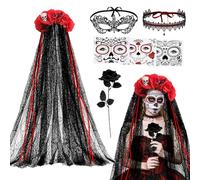 Yotako Day of the Dead Costumes for Women, Day of the Dead Headband Accessories, Veil, Tattoo, Black Rose, Necklace, Lace Eye Mask, Dia de Los Muertos Halloween Fancy Dress Costume Accessories