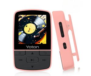 Yoton MP3 Player with Bluetooth 5.2, Expandable to 64GB, HiFi-Music, Mini Size, with Sports Clip, Independent Volume Button, FM Radio, Earphones Included (Pink)